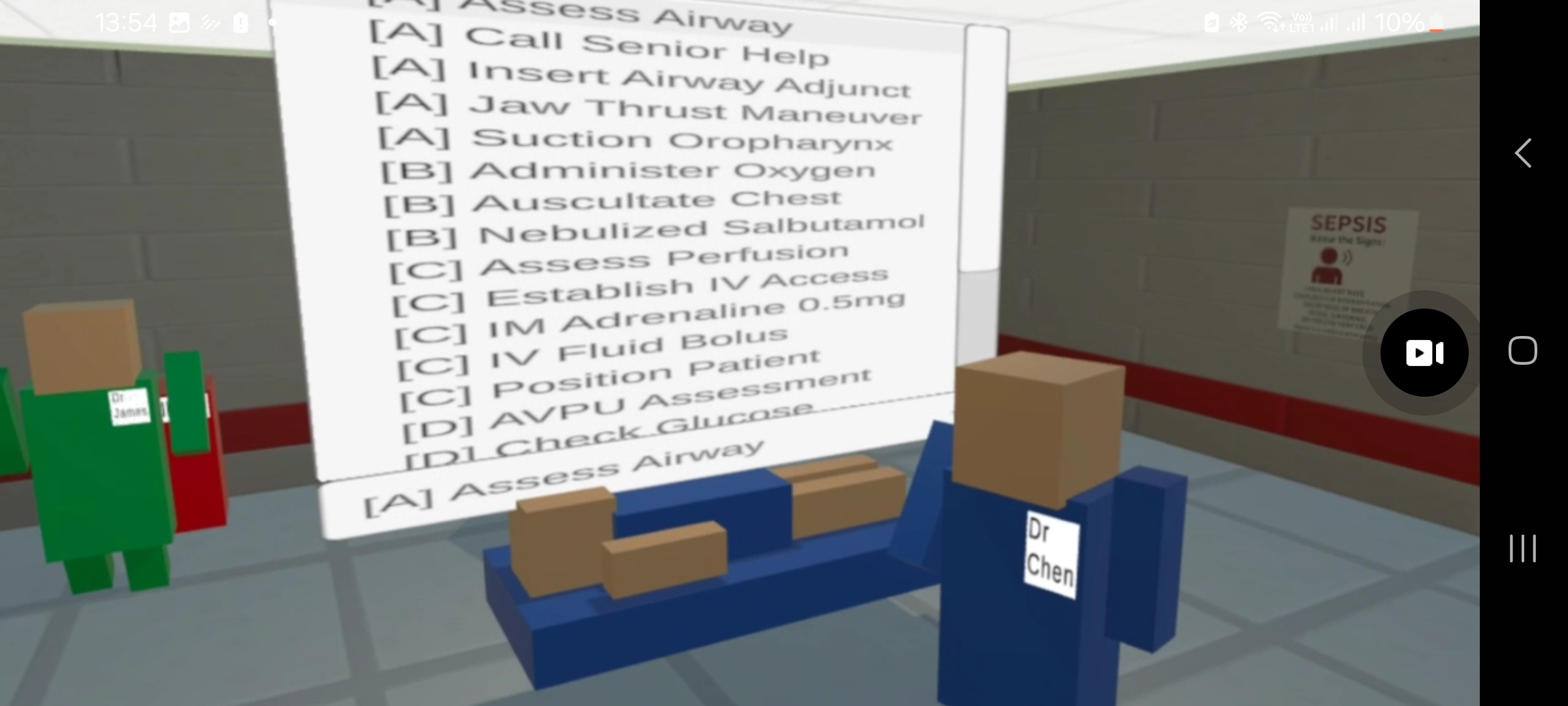The structured action taxonomy in version 1, with every available intervention tagged by ABCDE category, from airway assessment through to glucose check.