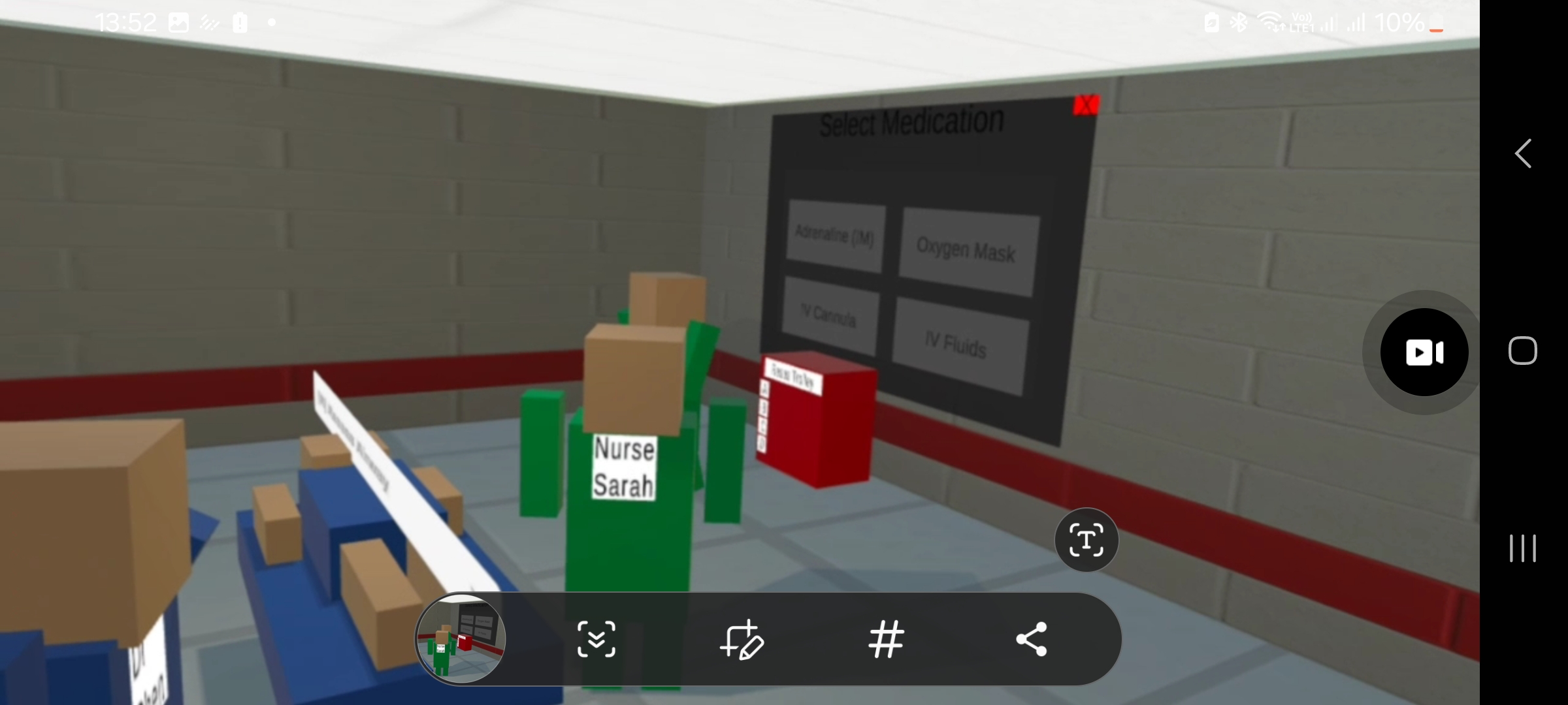 Learner selecting from the resus trolley in version 1 on Meta Quest 2. Available interventions include intramuscular adrenaline, oxygen mask, IV cannula and IV fluids. AI driven colleagues are labelled by clinical role.