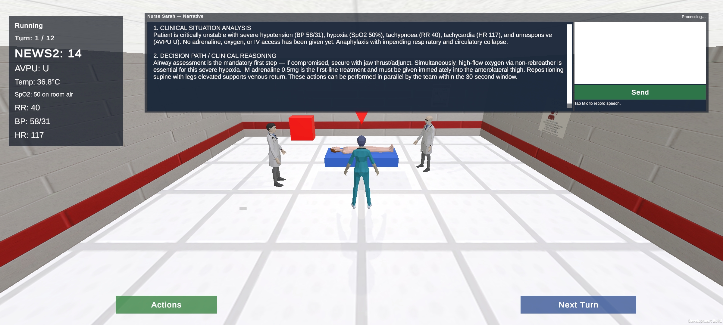 The version 1.1 mobile variant running on an affordable Android smartphone, showing the vital signs panel, narrative dialogue and touch first controls.